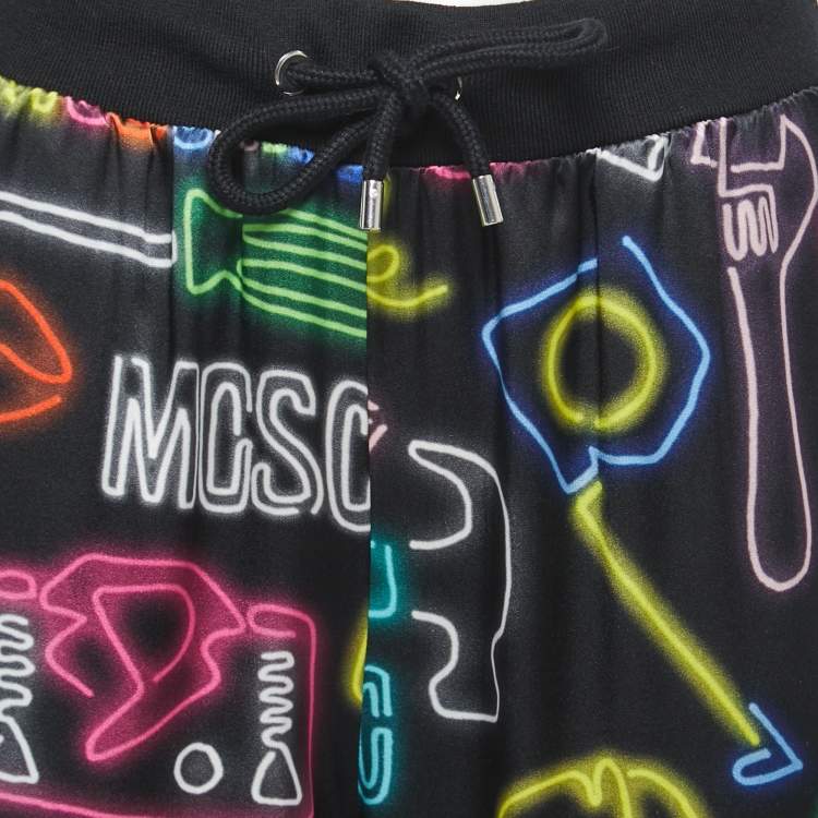 Pre Owned Moschino Couture Black Neon Signs Print Jersey Silk Jogger Pants M
