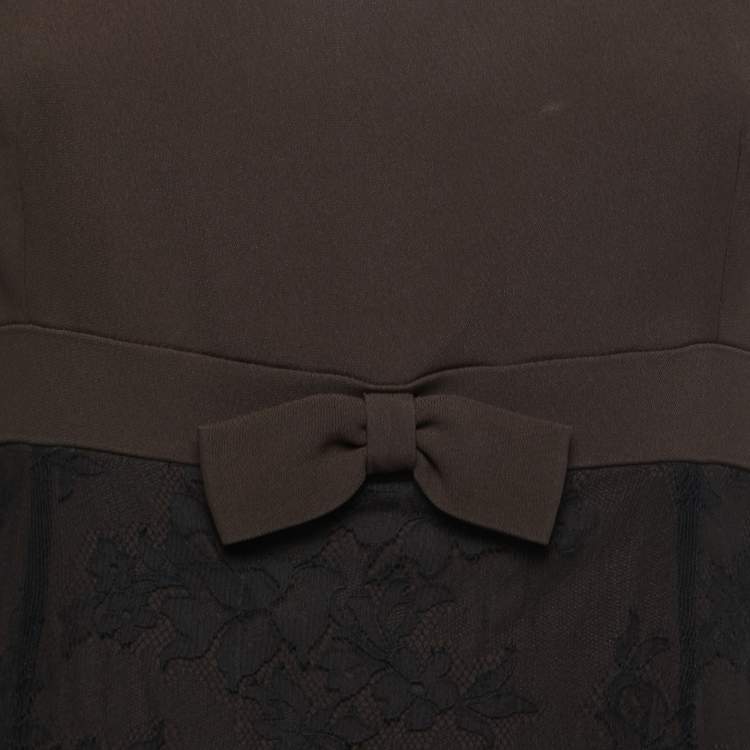 Pre Owned Moschino Couture Black/Brown Crepe & Lace Bow Detail Mini Dress L