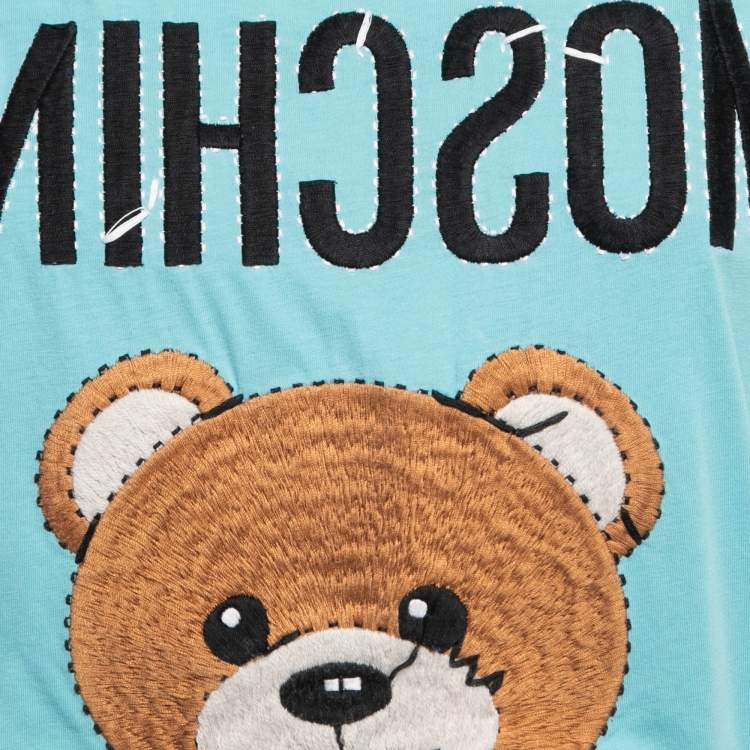 Pre Owned Moschino Couture Blue Teddy Bear Embroidered Cotton Short Sleeve Oversized T-Shirt S