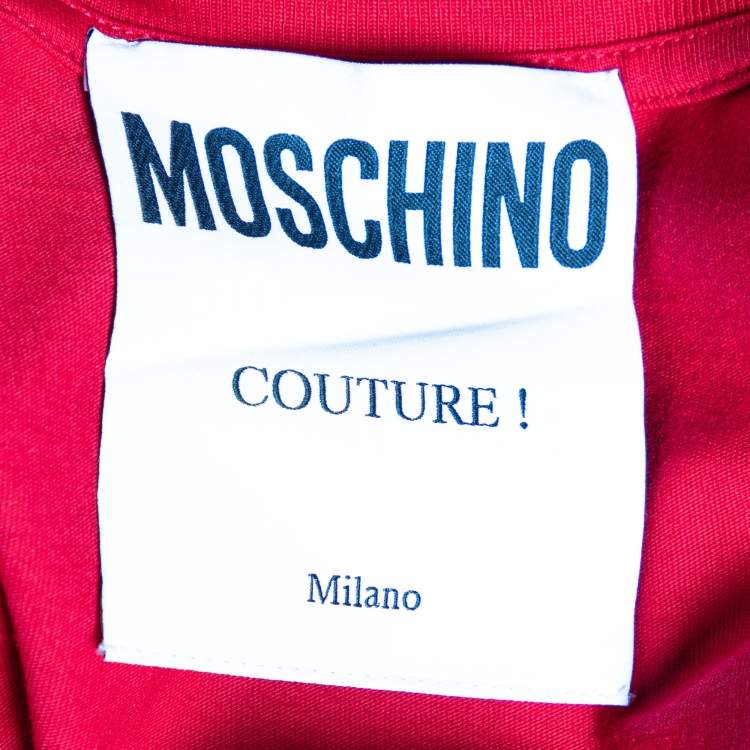 Pre Owned Moschino Couture Red Cotton Knit Logo Embroidered Oversized T-Shirt XXS