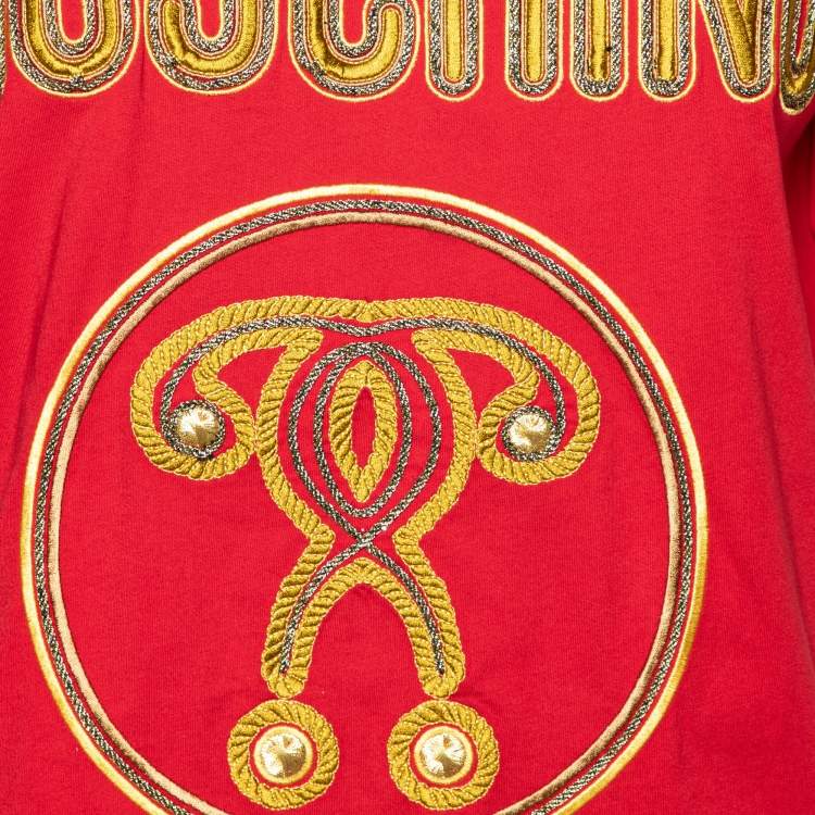 Pre Owned Moschino Couture Red Cotton Knit Logo Embroidered Oversized T-Shirt XXS
