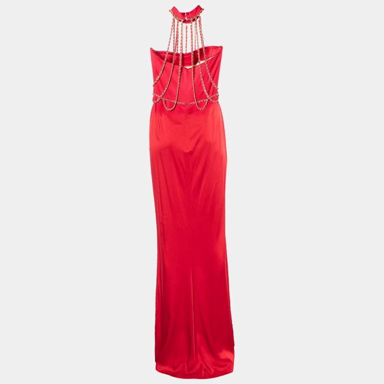 Pre Owned Moschino Couture Red Sateen Neck Chain Detail Evening Gown M