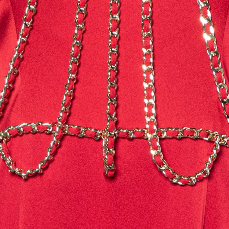 Pre Owned Moschino Couture Red Sateen Neck Chain Detail Evening Gown M