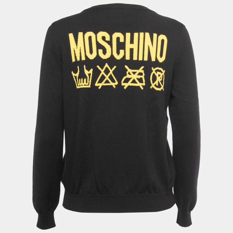 Pre Owned Moschino Couture Black Logo Patterned Wool Button Front Cardigan M
