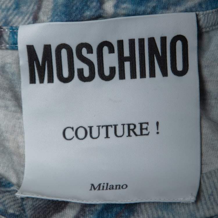 Pre Owned Moschino Couture Blue Denim Print Cotton Crew Neck T-Shirt XL
