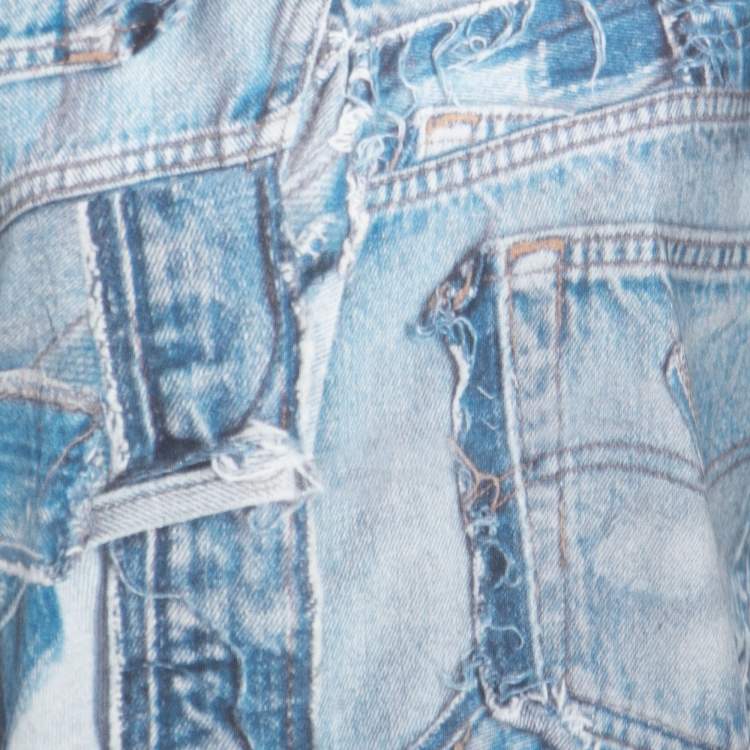 Pre Owned Moschino Couture Blue Denim Print Cotton Crew Neck T-Shirt XL