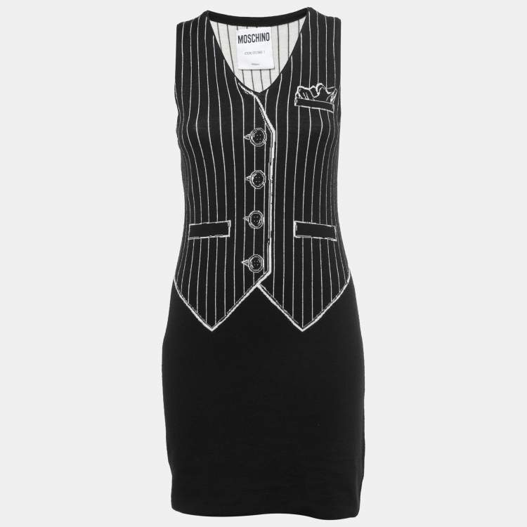 Pre Owned Moschino Couture Black Vest Patterned Wool Sleeveless Mini Dress M