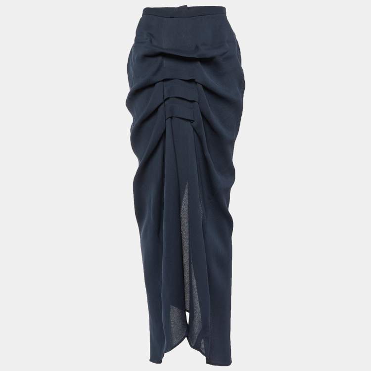 Pre Owned Moschino Couture Navy Blue Silk Chiffon Pleated Detail Maxi Skirt M