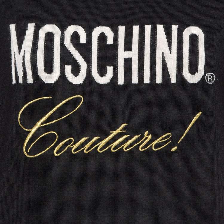 Pre Owned Moschino Couture Black Logo Intarsia Knit Crewneck Mini Dress XS