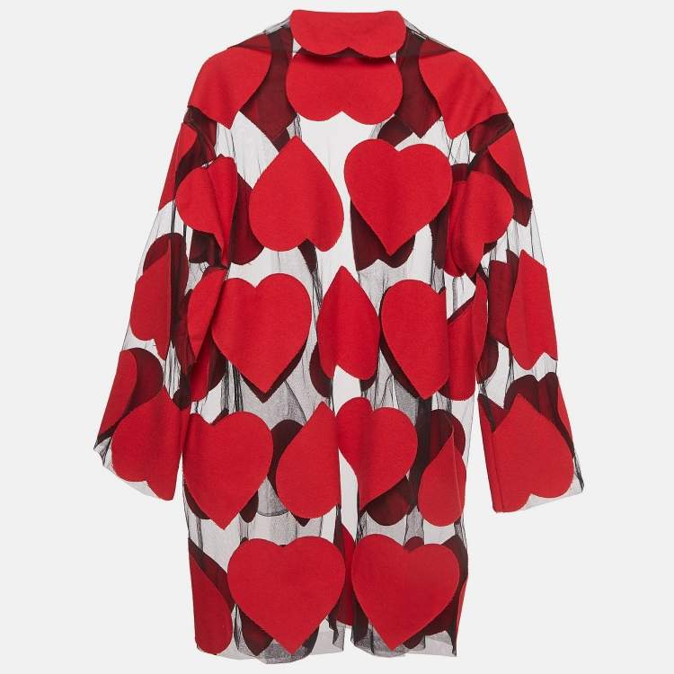 Pre Owned Moschino Red Heart Applique Wool and Tulle Sheer Coat S