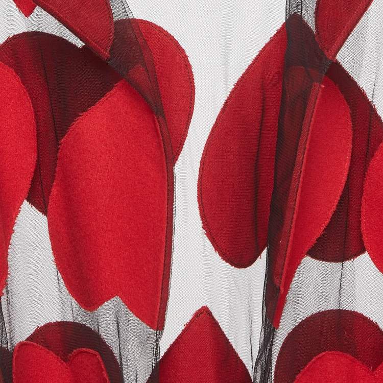 Pre Owned Moschino Red Heart Applique Wool and Tulle Sheer Coat S