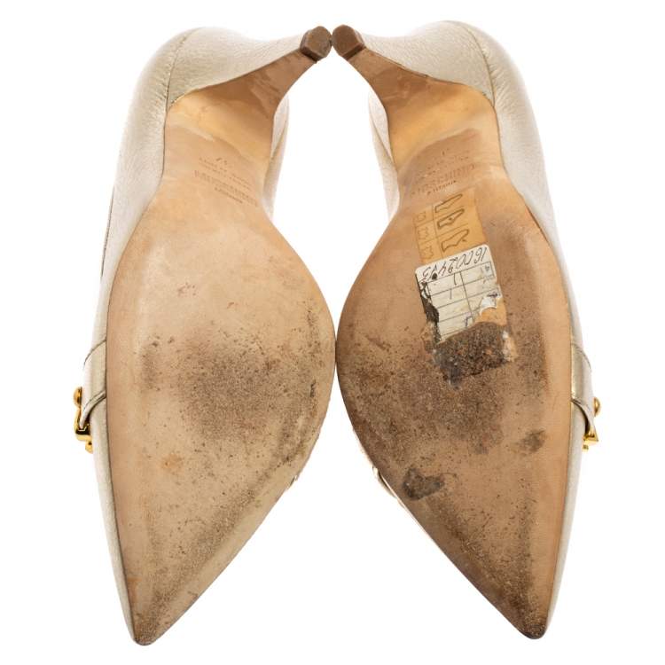 Pre Owned Moschino Metallic Gold Leather Logo Pointed Toe Pumps Size 37