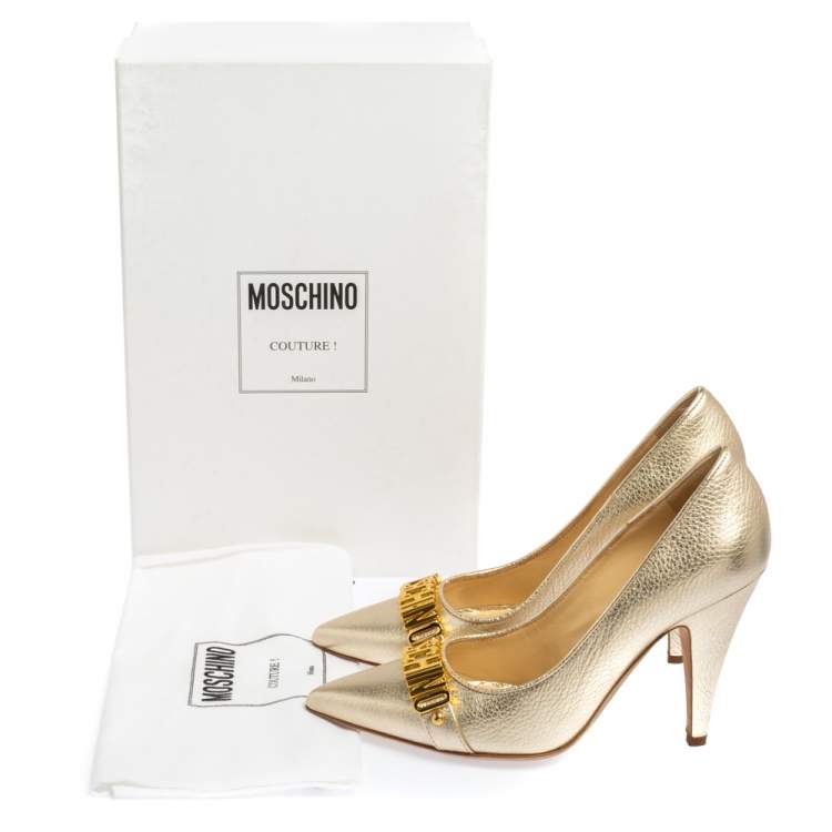 Pre Owned Moschino Metallic Gold Leather Logo Pointed Toe Pumps Size 37