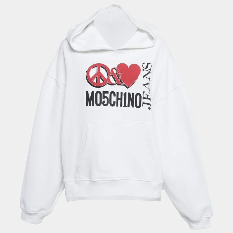 Pre Owned Moschino Mo5ch1no Jeans White Peace & Love Print Cotton Hoodie M