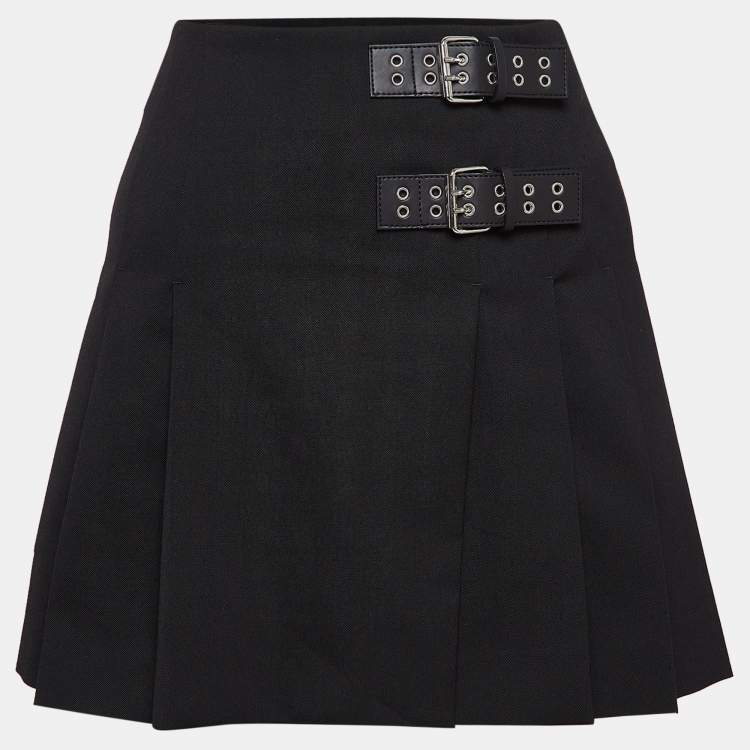 Pre Owned Moschino Jeans Black Wool Blend Pleated Buckle Detail Mini Skirt M
