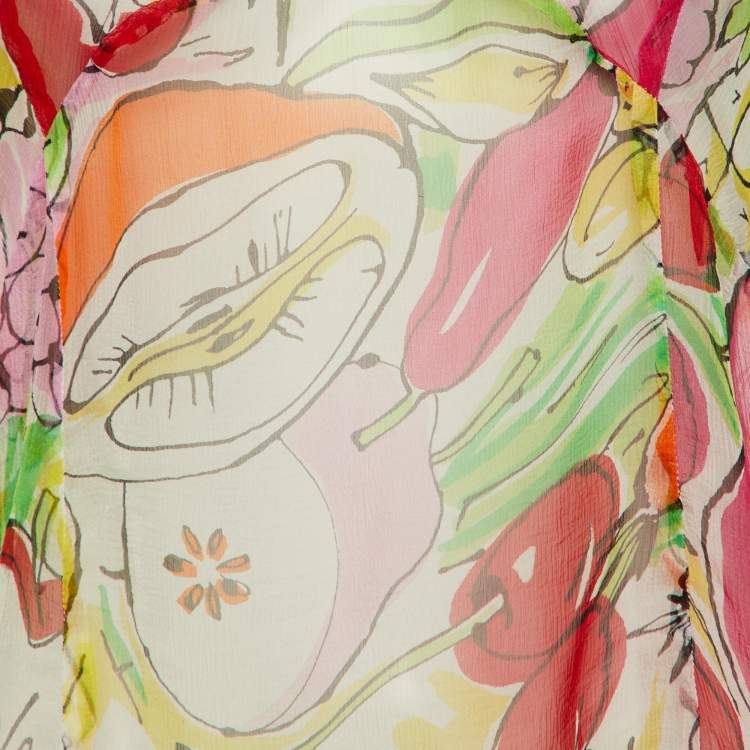 مملوكة مسبقًا Moschino Jeans Multicolor Fruits Print Silk V-Neck Blouse L