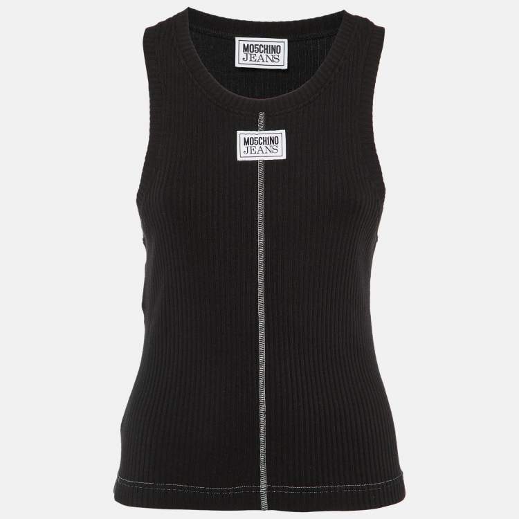 Pre Owned Moschino Black Logo Applique Rib Knit Tank Top L