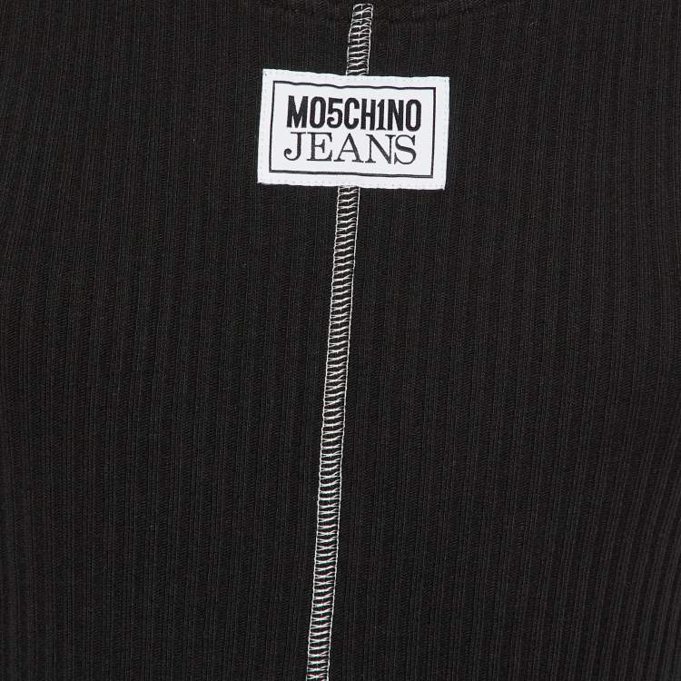 Pre Owned Moschino Black Logo Applique Rib Knit Tank Top L