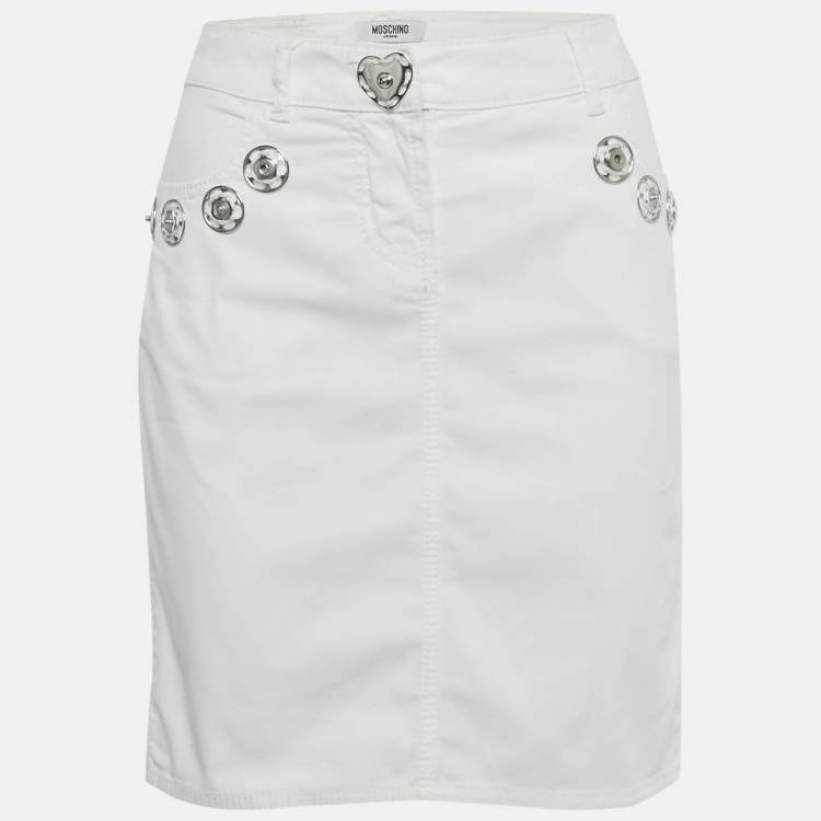 Pre Owned Moschino Jeans White Denim Button Detail Pencil Skirt M Waist 31"