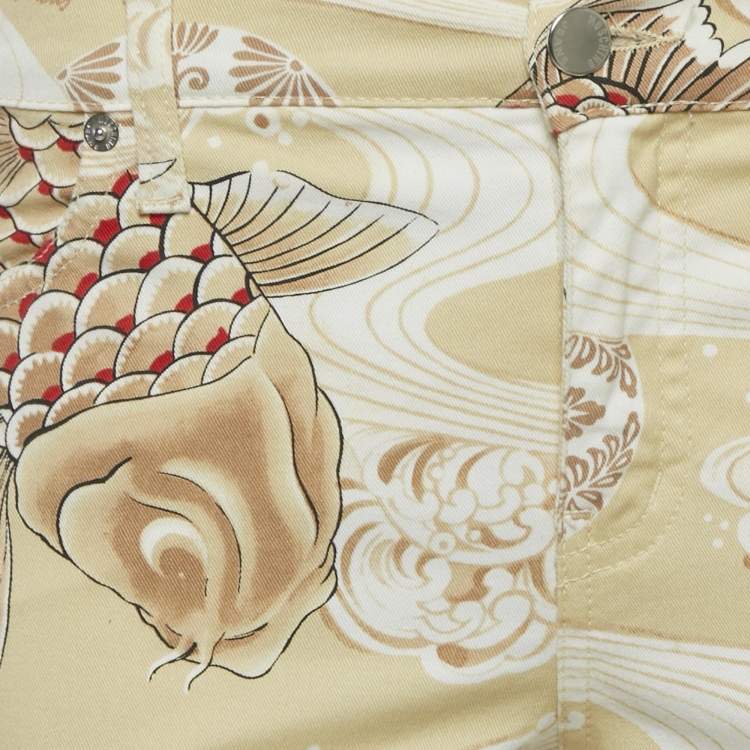 Pre Owned Moschino Jeans Cream Printed Denim Jeans S Waist 28" 