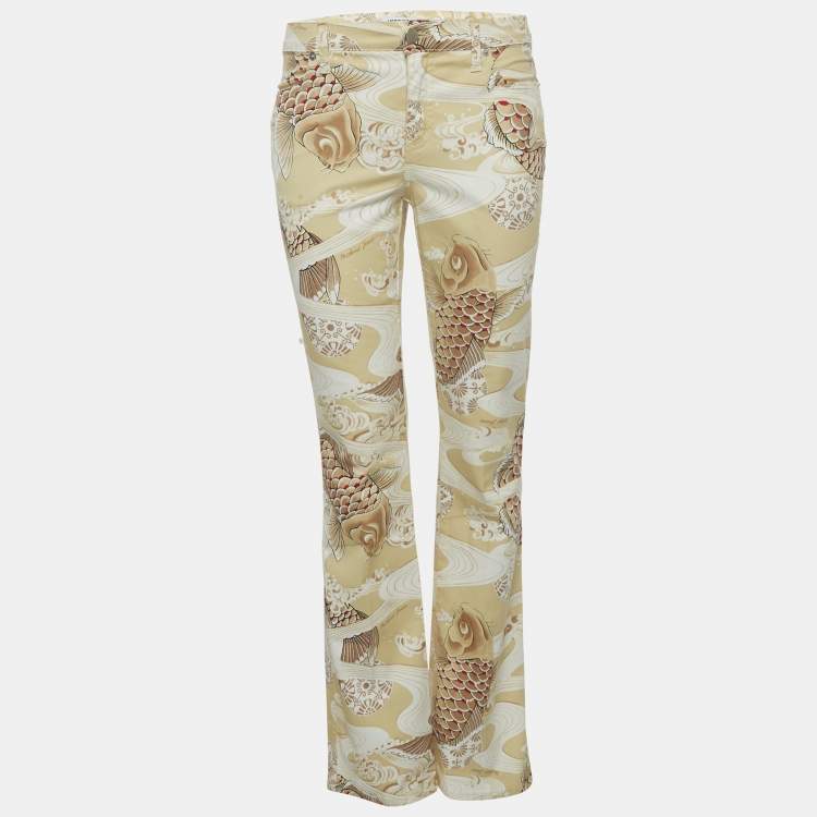 Pre Owned Moschino Jeans Cream Printed Denim Jeans S Waist 28" 