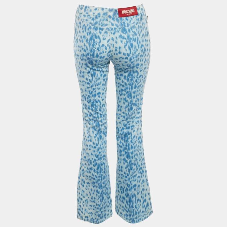 Pre Owned Moschino Jeans Blue Leopard Print Denim Flared Jeans M/Waist 27"