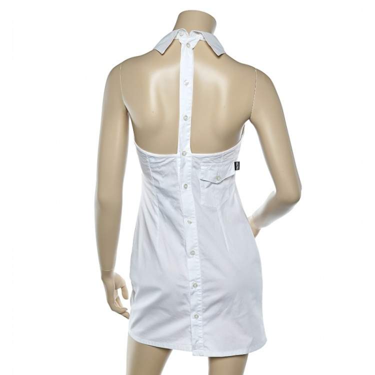 Pre Owned Moschino Jeans White Cotton Halter Neck Collared Mini Dress M