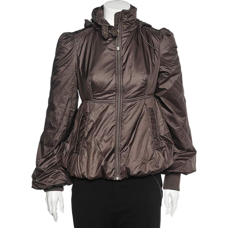 Pre Owned Moschino Jeans Brown Technical Fabric Peplum Hoodie Jacket M