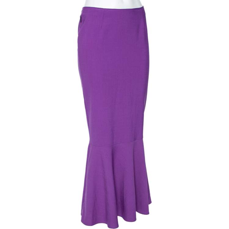 مملوكة مسبقًا Moschino Jeans Purple Wool Blend Ruffle Hem Midi Skirt S
