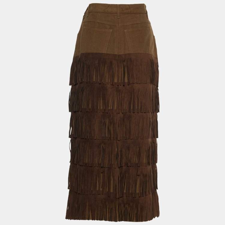 Pre Owned Moschino Jeans Tan Brown Tassel Tiered Midi Skirt L