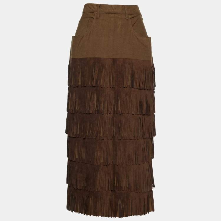 Pre Owned Moschino Jeans Tan Brown Tassel Tiered Midi Skirt L