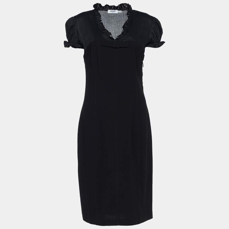 Moschino Jeans Black Crepe & Poplin Ruffled V Neck Dress L