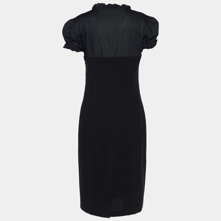 Moschino Jeans Black Crepe & Poplin Ruffled V Neck Dress L