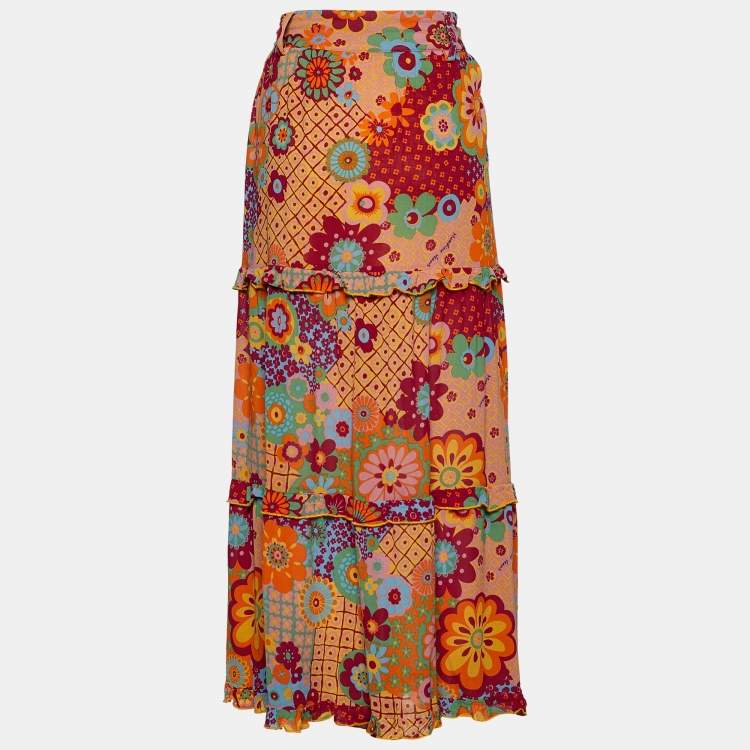 Pre Owned Moschino Jeans Multicolor Floral Printed Crepe Midi Skirt M