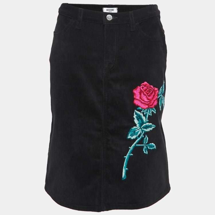 Pre Owned Moschino Jeans Black Flower Embroidered Corduroy Knee Length Skirt M