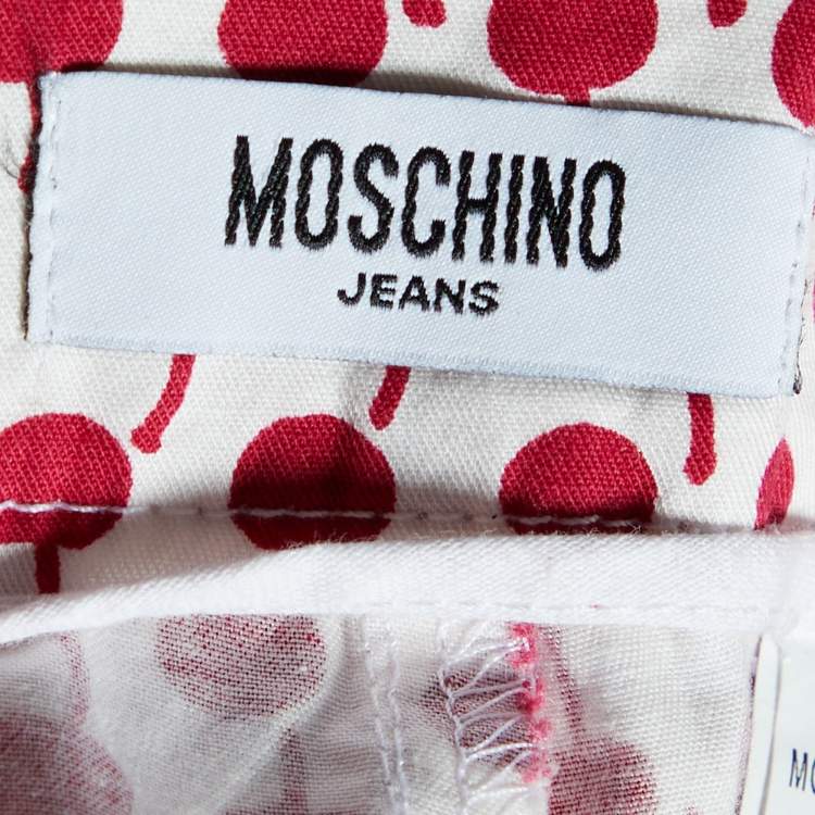 Pre Owned Moschino Jeans White Apple Printed Mesh Top, Cami & Cotton Capri Pants Set L