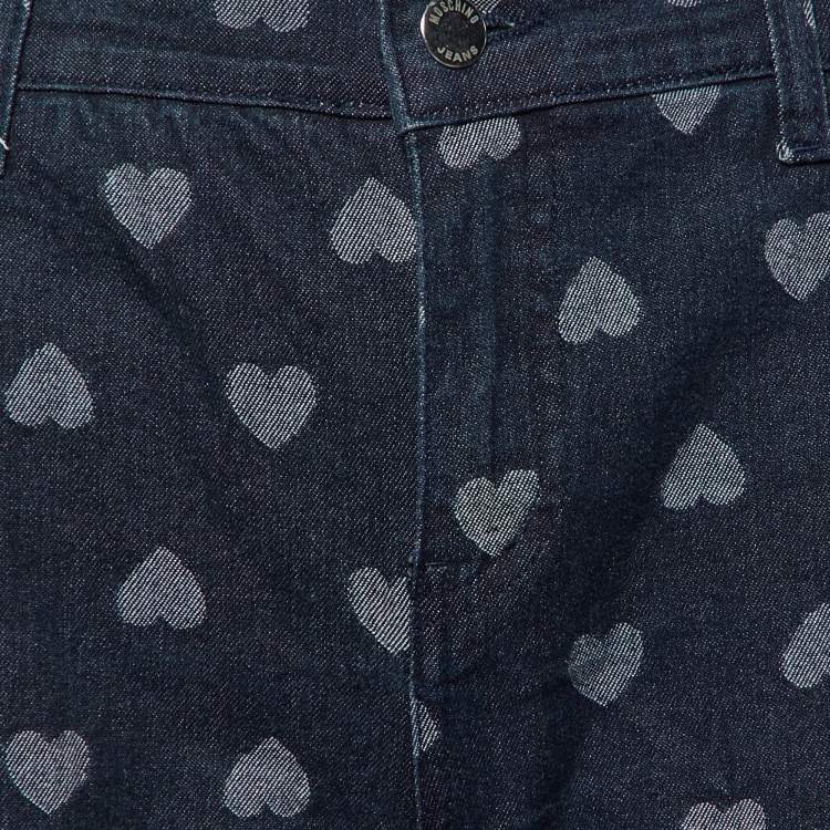 Pre Owned Moschino Jeans Dark Blue Hearts Patterned Denim Flared Jeans L Waist 28"