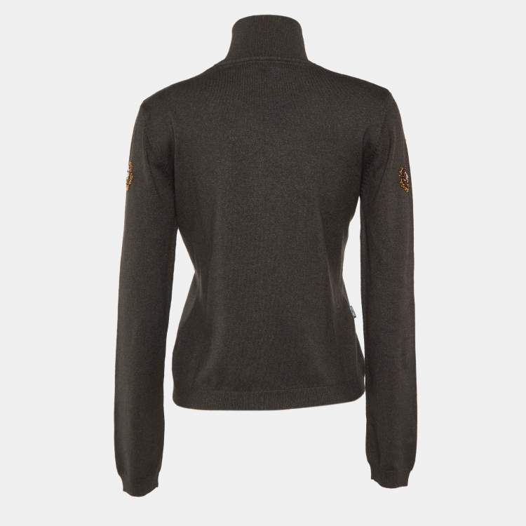 مملوكة مسبقًا Moschino Jeans Grey Embellished Knit Zip Front High Neck Sweater L