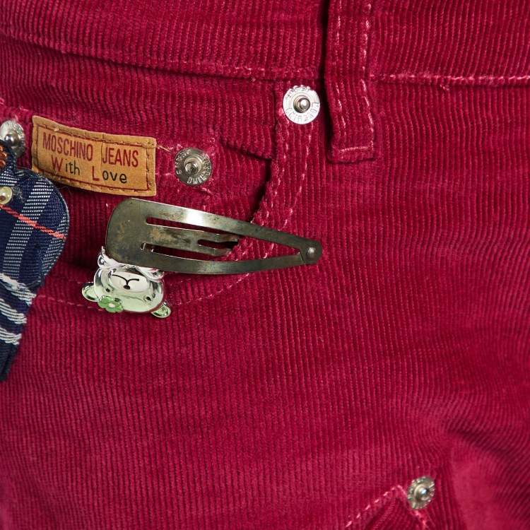 Pre Owned Moschino Jeans Magenta Clips Detail Cotton Knit Cardigan & Corduroy Capri Pants M