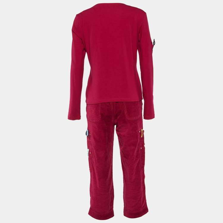 Pre Owned Moschino Jeans Magenta Clips Detail Cotton Knit Cardigan & Corduroy Capri Pants M