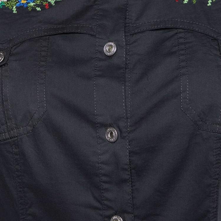 Pre Owned Moschino Jeans Black Cotton Embroidered Detail Button Front Shirt M