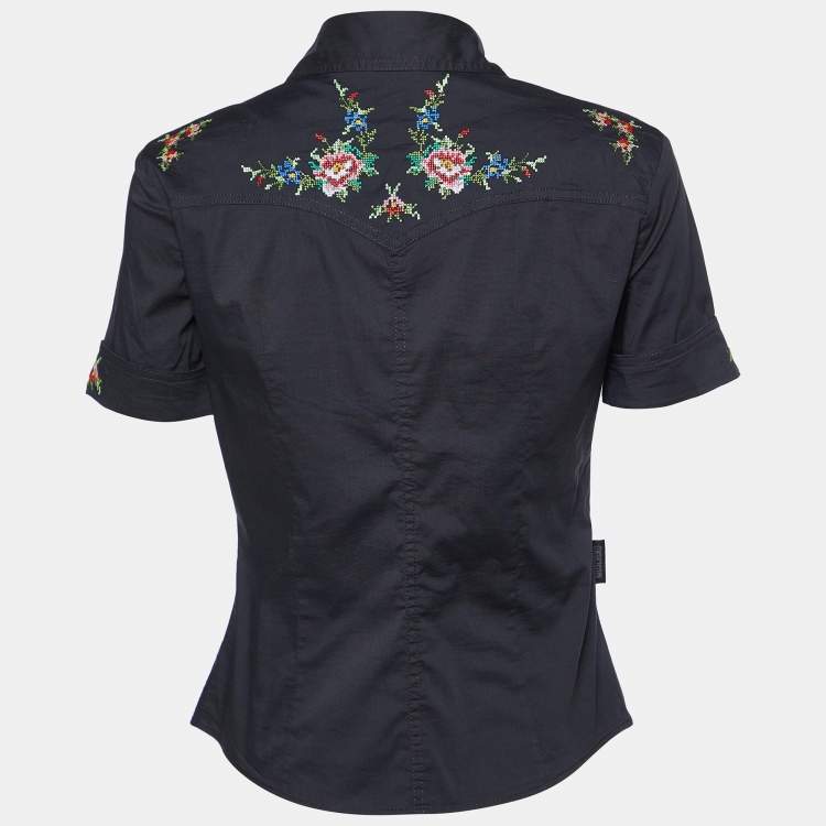 Pre Owned Moschino Jeans Black Cotton Embroidered Detail Button Front Shirt M