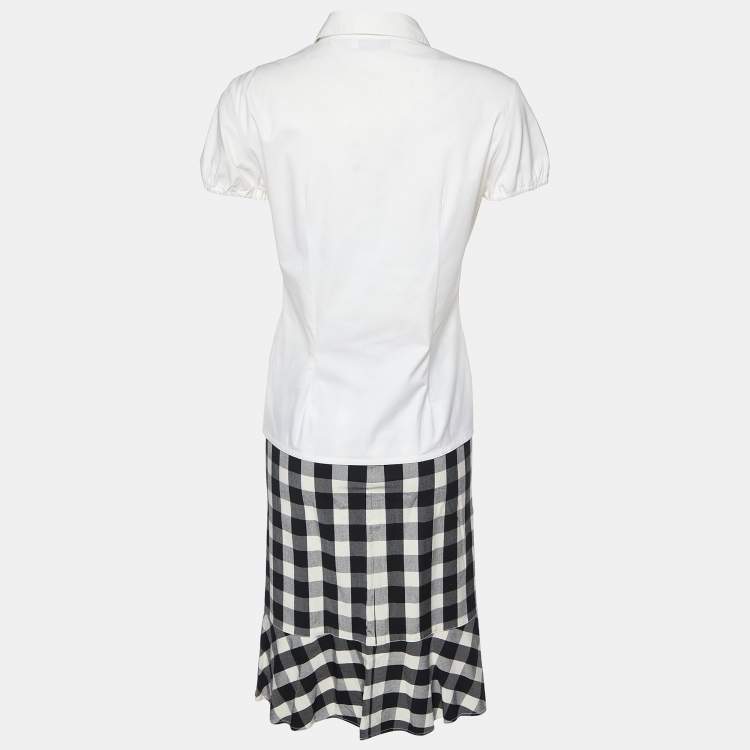 Pre Owned Moschino Jeans White Cotton Top & Checked Skirt Set M