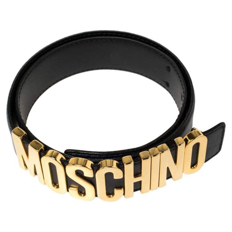 Pre Owned Moschino Navy Blue Leather Classic Logo Belt 85 CM