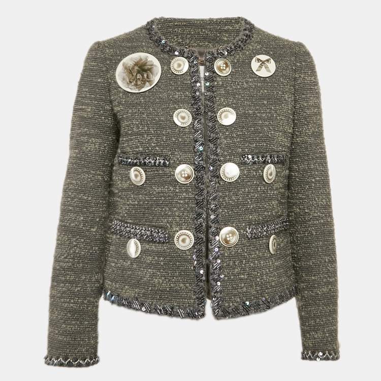 Pre Owned Moschino Grey Tweed and Boucle Wool Badge Detail Jacket M
