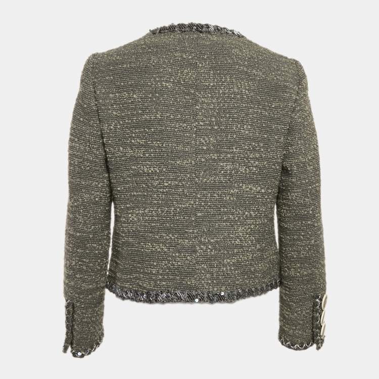 Pre Owned Moschino Grey Tweed and Boucle Wool Badge Detail Jacket M
