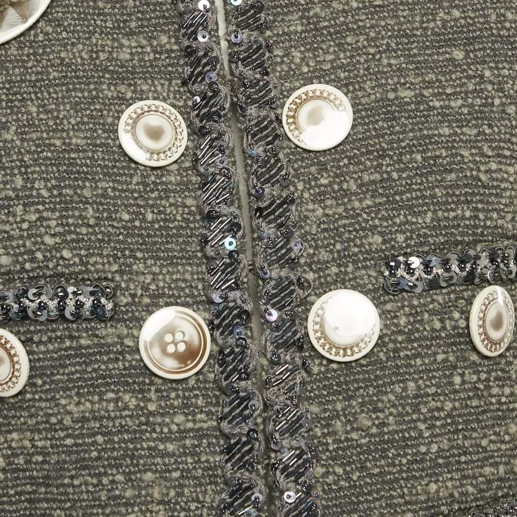 Pre Owned Moschino Grey Tweed and Boucle Wool Badge Detail Jacket M