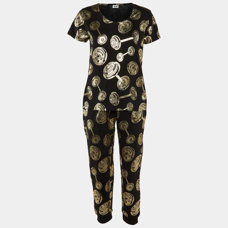 Pre Owned Moschino Underwear Black Gym Print Cotton Jersey Top and Trouser Set L