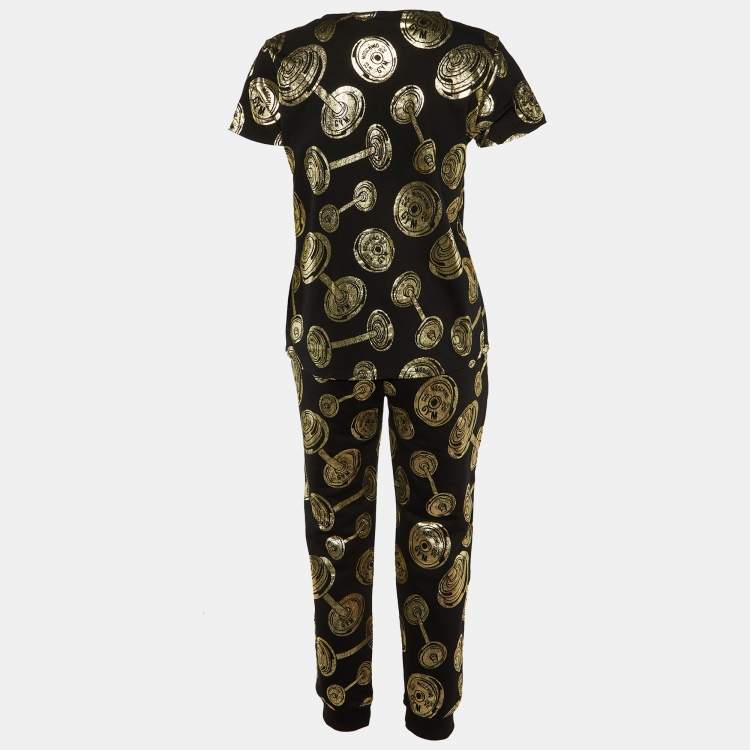Pre Owned Moschino Underwear Black Gym Print Cotton Jersey Top and Trouser Set L