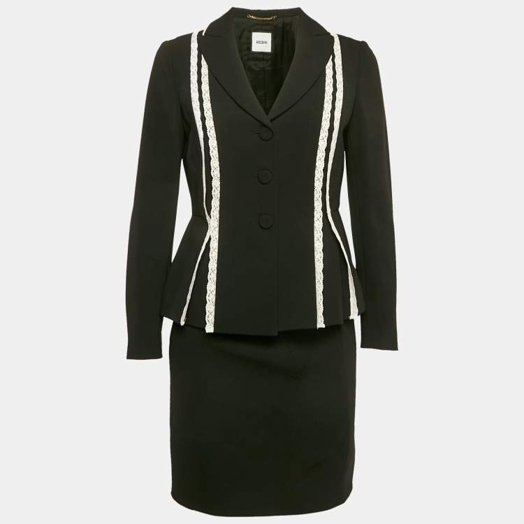 Pre Owned Moschino Black Lace Trim Crepe Jacket and Skirt M/S